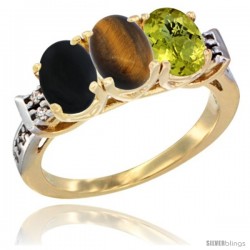 10K Yellow Gold Natural Black Onyx, Tiger Eye & Lemon Quartz Ring 3-Stone Oval 7x5 mm Diamond Accent