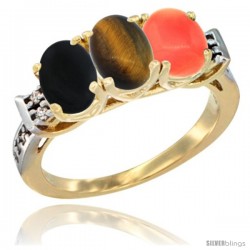 10K Yellow Gold Natural Black Onyx, Tiger Eye & Coral Ring 3-Stone Oval 7x5 mm Diamond Accent