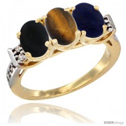 10K Yellow Gold Natural Black Onyx, Tiger Eye & Lapis Ring 3-Stone Oval 7x5 mm Diamond Accent