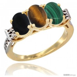 10K Yellow Gold Natural Black Onyx, Tiger Eye & Malachite Ring 3-Stone Oval 7x5 mm Diamond Accent