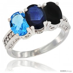 14K White Gold Natural Swiss Blue Topaz, Blue Sapphire & Black Onyx Ring 3-Stone 7x5 mm Oval Diamond Accent