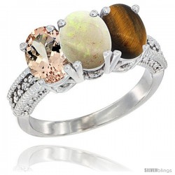 10K White Gold Natural Morganite, Opal & Tiger Eye Ring 3-Stone Oval 7x5 mm Diamond Accent