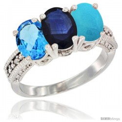 14K White Gold Natural Swiss Blue Topaz, Blue Sapphire & Turquoise Ring 3-Stone 7x5 mm Oval Diamond Accent