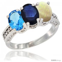 14K White Gold Natural Swiss Blue Topaz, Blue Sapphire & Opal Ring 3-Stone 7x5 mm Oval Diamond Accent