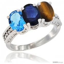 14K White Gold Natural Swiss Blue Topaz, Blue Sapphire & Tiger Eye Ring 3-Stone 7x5 mm Oval Diamond Accent