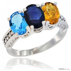 14K White Gold Natural Swiss Blue Topaz, Blue Sapphire & Whisky Quartz Ring 3-Stone 7x5 mm Oval Diamond Accent