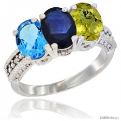 14K White Gold Natural Swiss Blue Topaz, Blue Sapphire & Lemon Quartz Ring 3-Stone 7x5 mm Oval Diamond Accent