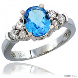 14k White Gold Ladies Natural Swiss Blue Topaz Ring oval 9x7 Stone Diamond Accent