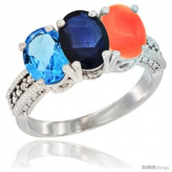 14K White Gold Natural Swiss Blue Topaz, Blue Sapphire & Coral Ring 3-Stone 7x5 mm Oval Diamond Accent