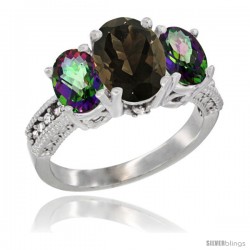 10K White Gold Ladies Natural Smoky Topaz Oval 3 Stone Ring with Mystic Topaz Sides Diamond Accent