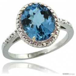 Sterling Silver Diamond Natural London Blue Topaz Ring 2.4 ct Oval Stone 10x8 mm, 1/2 in wide -Style Cwg05111