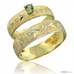 10k Gold 2-Piece 0.25 Carat Green Sapphire Ring Set (Engagement Ring & Man's Wedding Band) Diamond-cut Pattern -Style 10y507em
