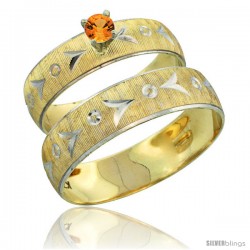 10k Gold 2-Piece 0.25 Carat Orange Sapphire Ring Set (Engagement Ring & Man's Wedding Band) Diamond-cut Pattern -Style 10y507em