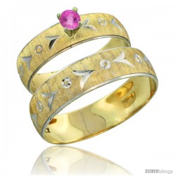 10k Gold 2-Piece 0.25 Carat Pink Sapphire Ring Set (Engagement Ring & Man's Wedding Band) Diamond-cut Pattern -Style 10y507em