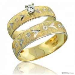 10k Gold 2-Piece 0.25 Carat White Sapphire Ring Set (Engagement Ring & Man's Wedding Band) Diamond-cut Pattern -Style 10y507em