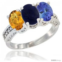 10K White Gold Natural Whisky Quartz, Lapis & Tanzanite Ring 3-Stone Oval 7x5 mm Diamond Accent