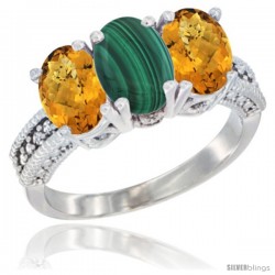 10K White Gold Natural Malachite & Whisky Quartz Sides Ring 3-Stone Oval 7x5 mm Diamond Accent