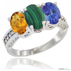 10K White Gold Natural Whisky Quartz, Malachite & Tanzanite Ring 3-Stone Oval 7x5 mm Diamond Accent