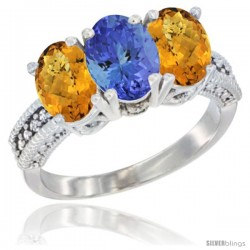 10K White Gold Natural Tanzanite & Whisky Quartz Sides Ring 3-Stone Oval 7x5 mm Diamond Accent