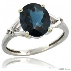 Sterling Silver Diamond Natural London Blue Topaz Ring 2.4 ct Oval Stone 10x8 mm, 3/8 in wide