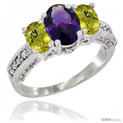 10K White Gold Ladies Oval Natural Amethyst 3-Stone Ring with Lemon Quartz Sides Diamond Accent