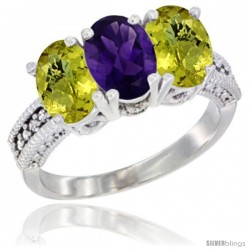 10K White Gold Natural Amethyst & Lemon Quartz Sides Ring 3-Stone Oval 7x5 mm Diamond Accent