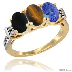 10K Yellow Gold Natural Black Onyx, Tiger Eye & Tanzanite Ring 3-Stone Oval 7x5 mm Diamond Accent