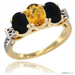 10K Yellow Gold Natural Whisky Quartz & Black Onyx Sides Ring 3-Stone Oval 7x5 mm Diamond Accent