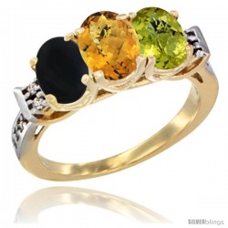 10K Yellow Gold Natural Black Onyx, Whisky Quartz & Lemon Quartz Ring 3-Stone Oval 7x5 mm Diamond Accent