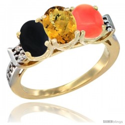 10K Yellow Gold Natural Black Onyx, Whisky Quartz & Coral Ring 3-Stone Oval 7x5 mm Diamond Accent