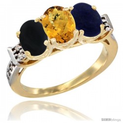 10K Yellow Gold Natural Black Onyx, Whisky Quartz & Lapis Ring 3-Stone Oval 7x5 mm Diamond Accent