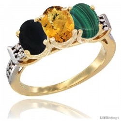 10K Yellow Gold Natural Black Onyx, Whisky Quartz & Malachite Ring 3-Stone Oval 7x5 mm Diamond Accent