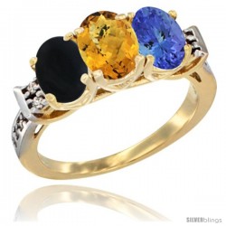 10K Yellow Gold Natural Black Onyx, Whisky Quartz & Tanzanite Ring 3-Stone Oval 7x5 mm Diamond Accent