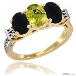 10K Yellow Gold Natural Lemon Quartz & Black Onyx Sides Ring 3-Stone Oval 7x5 mm Diamond Accent