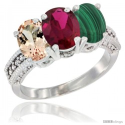 14K White Gold Natural Morganite, Ruby & Malachite Ring 3-Stone Oval 7x5 mm Diamond Accent