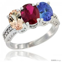 14K White Gold Natural Morganite, Ruby & Tanzanite Ring 3-Stone Oval 7x5 mm Diamond Accent