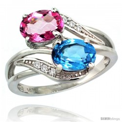 14k White Gold ( 8x6 mm ) Double Stone Engagement Swiss Blue & Pink Topaz Ring w/ 0.07 Carat Brilliant Cut Diamonds & 2.34