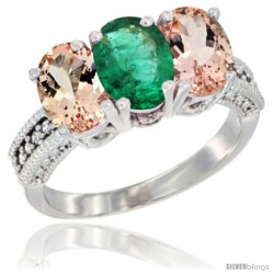 14K White Gold Natural Emerald & Morganite Sides Ring 3-Stone Oval 7x5 mm Diamond Accent