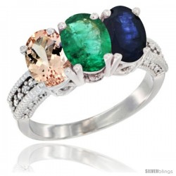 14K White Gold Natural Morganite, Emerald & Blue Sapphire Ring 3-Stone Oval 7x5 mm Diamond Accent