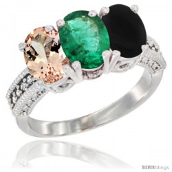 14K White Gold Natural Morganite, Emerald & Black Onyx Ring 3-Stone Oval 7x5 mm Diamond Accent