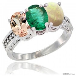 14K White Gold Natural Morganite, Emerald & Opal Ring 3-Stone Oval 7x5 mm Diamond Accent