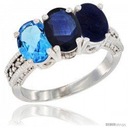 14K White Gold Natural Swiss Blue Topaz, Blue Sapphire & Lapis Ring 3-Stone 7x5 mm Oval Diamond Accent