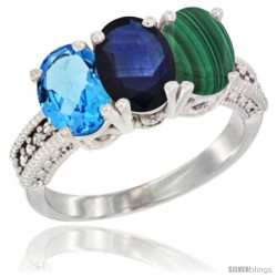 14K White Gold Natural Swiss Blue Topaz, Blue Sapphire & Malachite Ring 3-Stone 7x5 mm Oval Diamond Accent