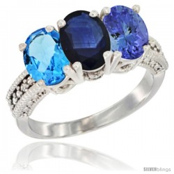 14K White Gold Natural Swiss Blue Topaz, Blue Sapphire & Tanzanite Ring 3-Stone 7x5 mm Oval Diamond Accent