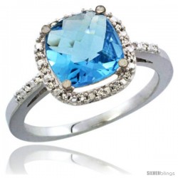 14k White Gold Ladies Natural Swiss Blue Topaz Ring Cushion-cut 3.8 ct. 8x8 Stone Diamond Accent