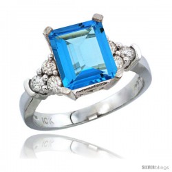 14k White Gold Ladies Natural Swiss Blue Topaz Ring Emerald-shape 9x7 Stone Diamond Accent