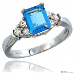 14k White Gold Ladies Natural Swiss Blue Topaz Ring Emerald-shape 7x5 Stone Diamond Accent