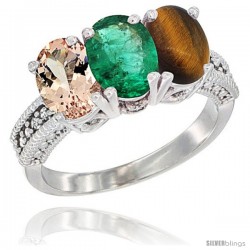 14K White Gold Natural Morganite, Emerald & Tiger Eye Ring 3-Stone Oval 7x5 mm Diamond Accent