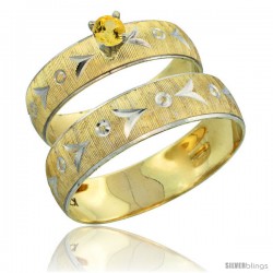 10k Gold 2-Piece 0.25 Carat Yellow Sapphire Ring Set (Engagement Ring & Man's Wedding Band) Diamond-cut Pattern -Style 10y507em