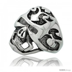 Surgical Steel Biker Skull Ring with Heart and Tribal Tattoos 1 in long